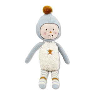 Puppe „Eddy“ aus Bio-Strickmaterial, puderblau/ocker/natur Ava&Yves