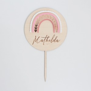 Cake Topper Regenbogen Rose Natur aus Holz  - Personalisiert